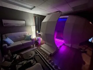Harmonic Egg chamber glowing with violet light in the Port Perry sanctuary